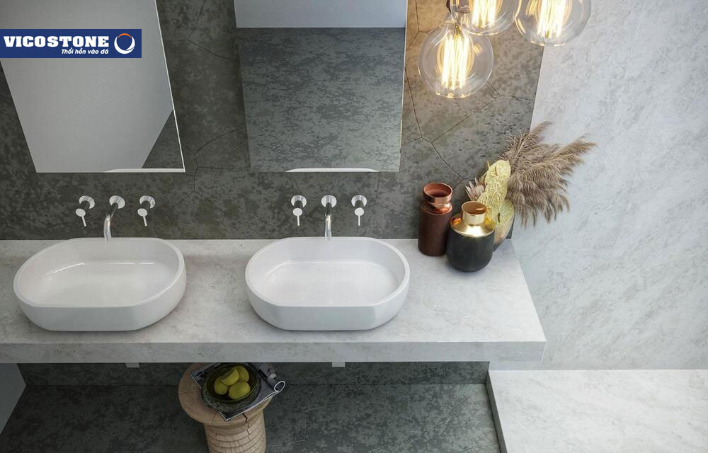 Chậu rửa thêm vững chãi, thu hút nhờ sự trợ giúp của bệ đá nhân tạo Quartz VICOSTONE Madreperola BQ8891 vân xám trầm, ấm, toát lên sức sống mãnh liệt của mẹ thiên nhiên. 