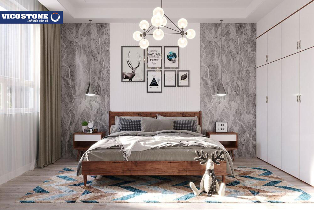 Tái hiện lại những đêm biển “trở mình”, muôn con sóng cuốn xô dữ dội, cuộn trào bất tận giữa đại dương mênh mông trong phòng ngủ với đá nhân tạo Quartz VICOSTONE Allurio BQ7701 vân nhỏ, màu xám trắng nhiều lớp đan xen như các lớp trầm tích ngàn năm tuổi.